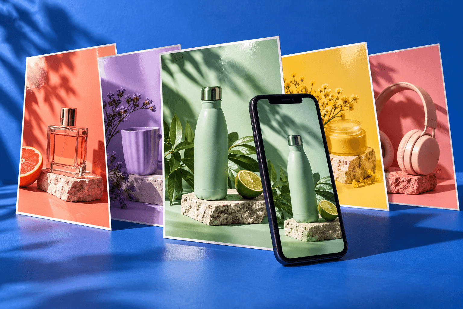 AI 生成的文章概念插图:竖版产品照片卡片与手机,用于讲解轮播内容方案。