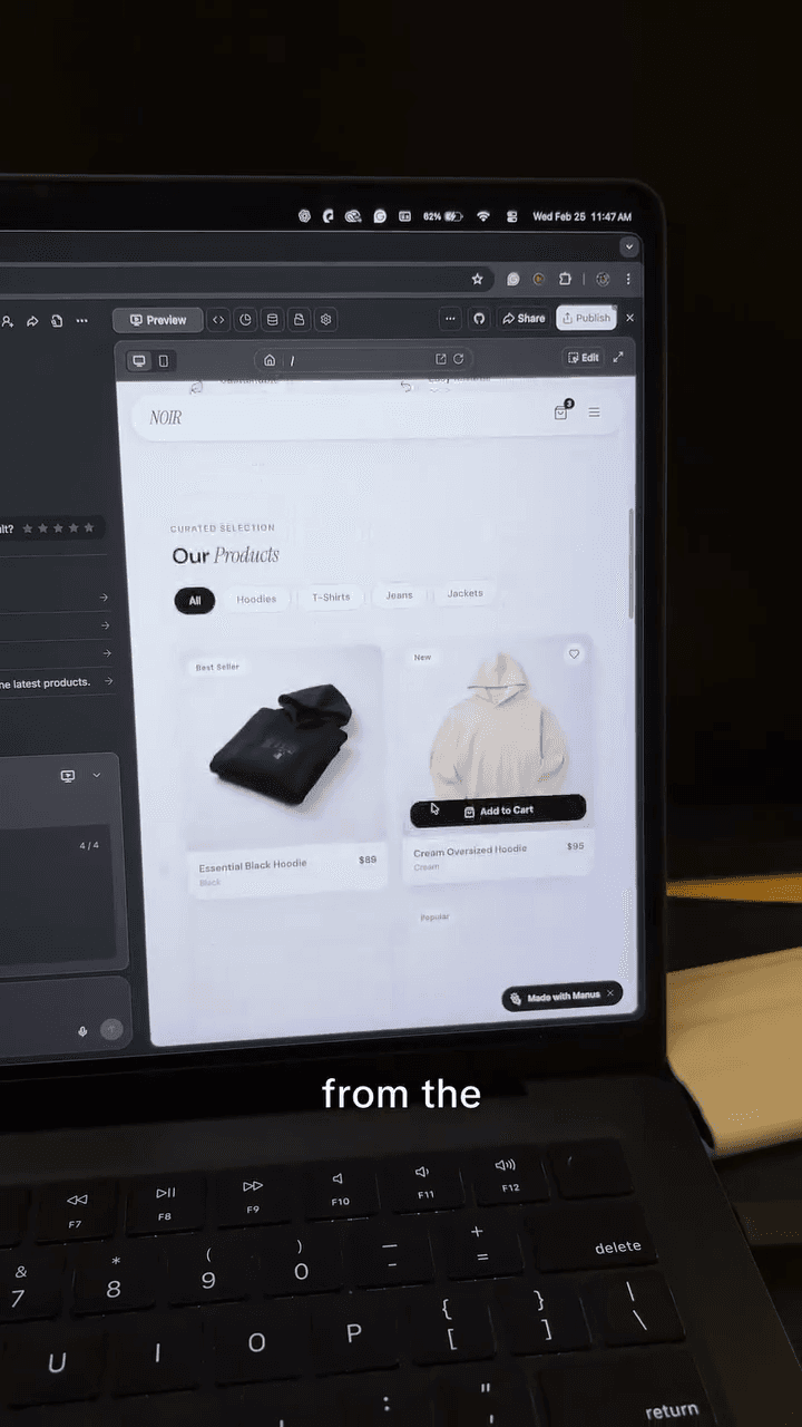 A clothing-store website shown as the result of the Manus product demonstration